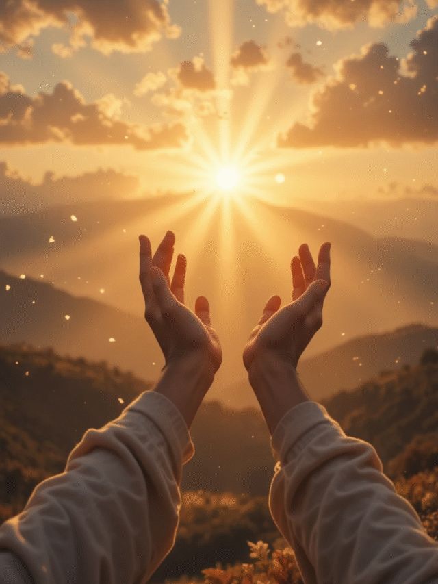 Hands reading towards the sunset